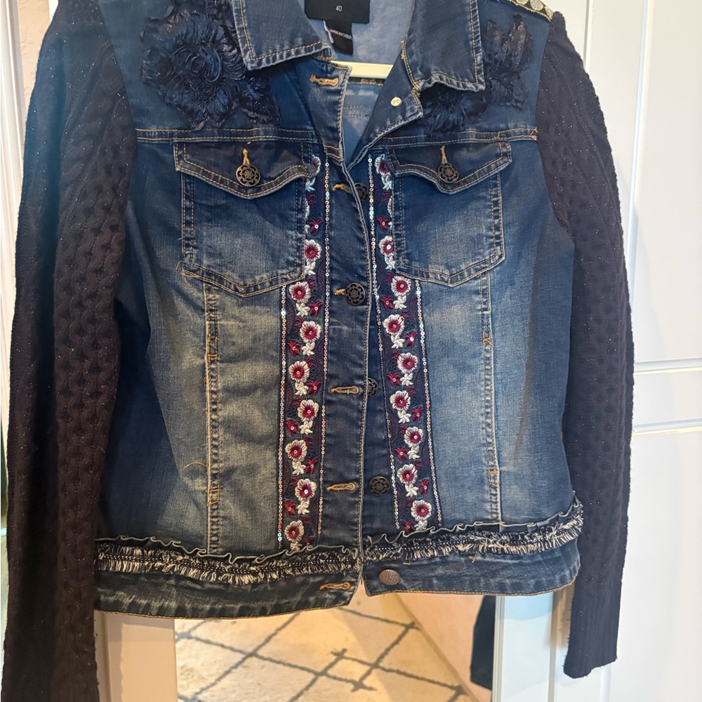 Desigual Blue Denim Jacket with Black Knit Sleeves